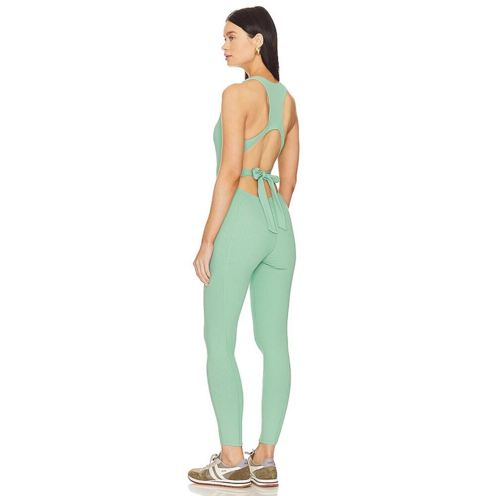 Gigi C Krizia Sage Green Ribbed Jumpsuit Open Back Tie Size Large